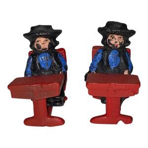Vintage Cast Iron 2 Amish Boys Red School Desk 1997 John Wright Figurines - A999